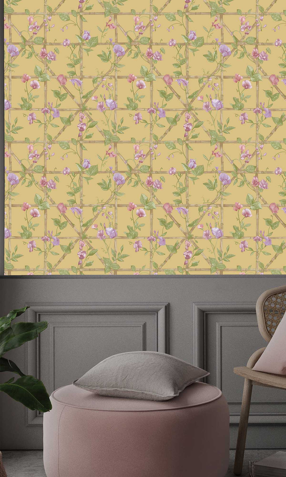 Ochre Trailing Floral Vines Wallpaper R10073