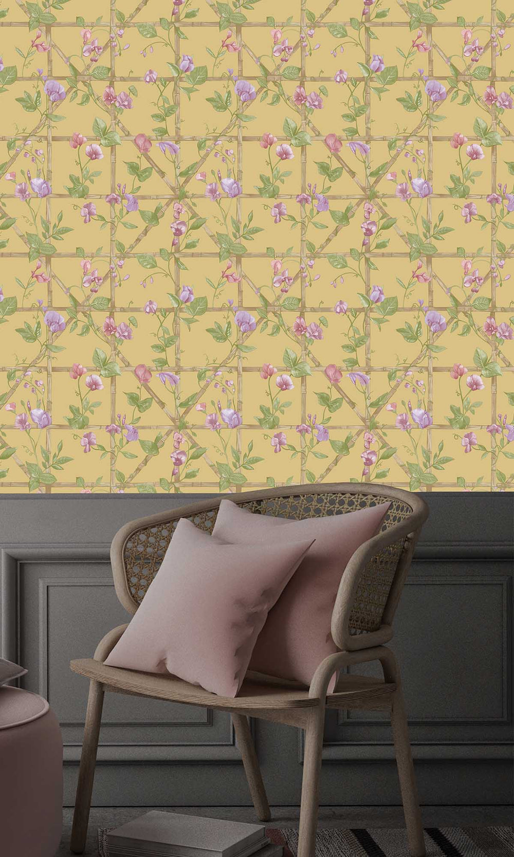 Ochre Trailing Floral Vines Wallpaper R10073
