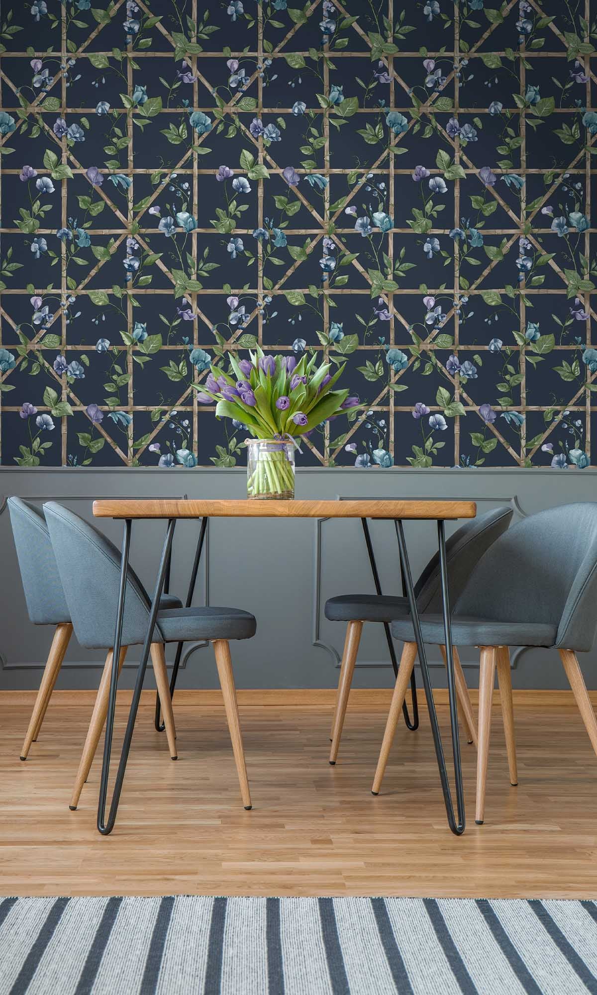 Navy Trailing Floral Vines Wallpaper R10074