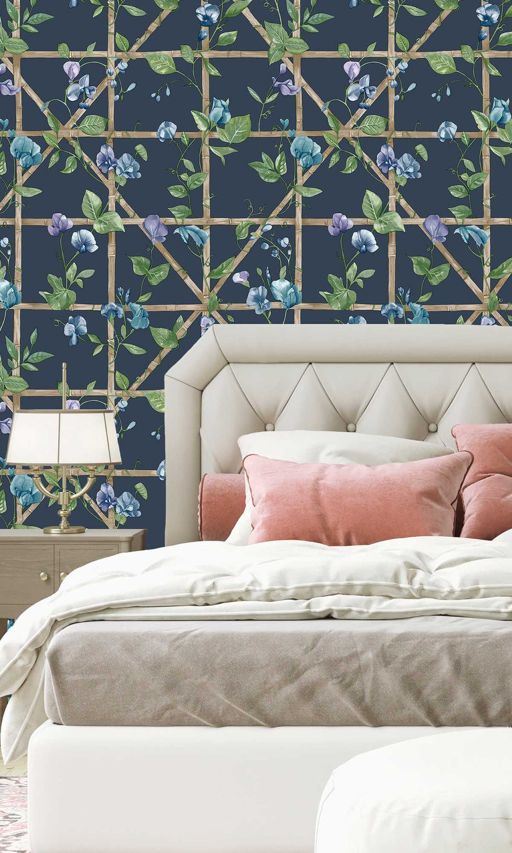 Navy Trailing Floral Vines Wallpaper R10074