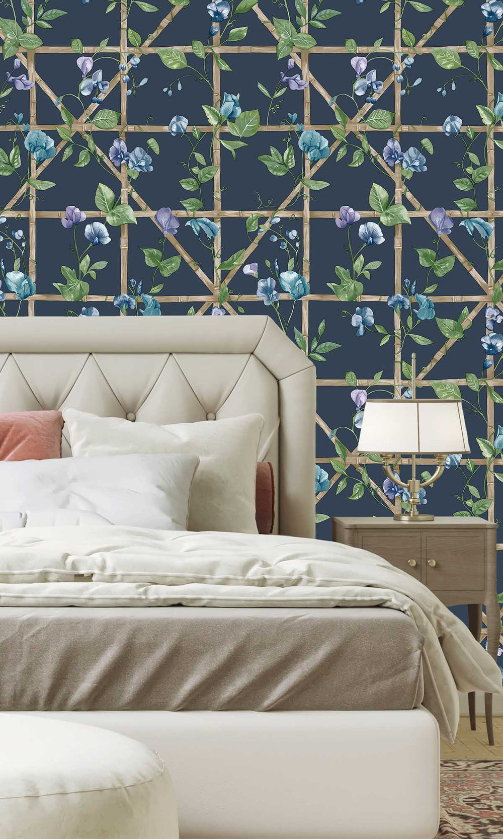Navy Trailing Floral Vines Wallpaper R10074
