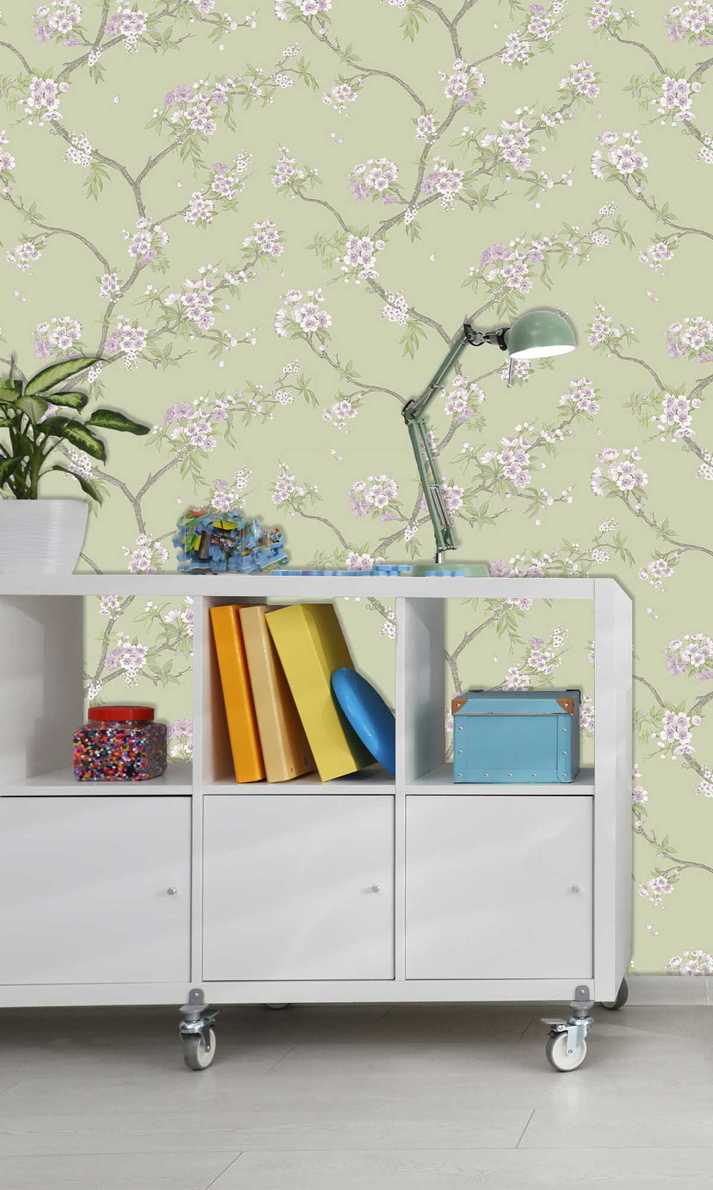 Sage Heather Blooming Cherries Wallpaper R10075