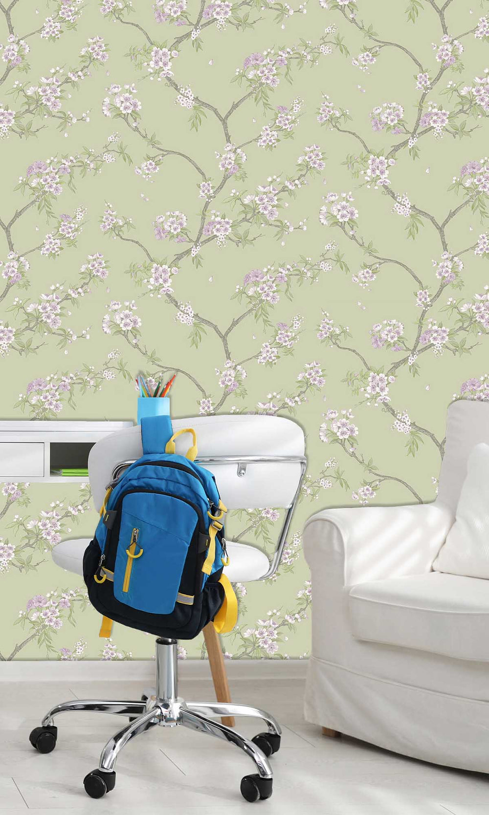 Sage Heather Blooming Cherries Wallpaper R10075