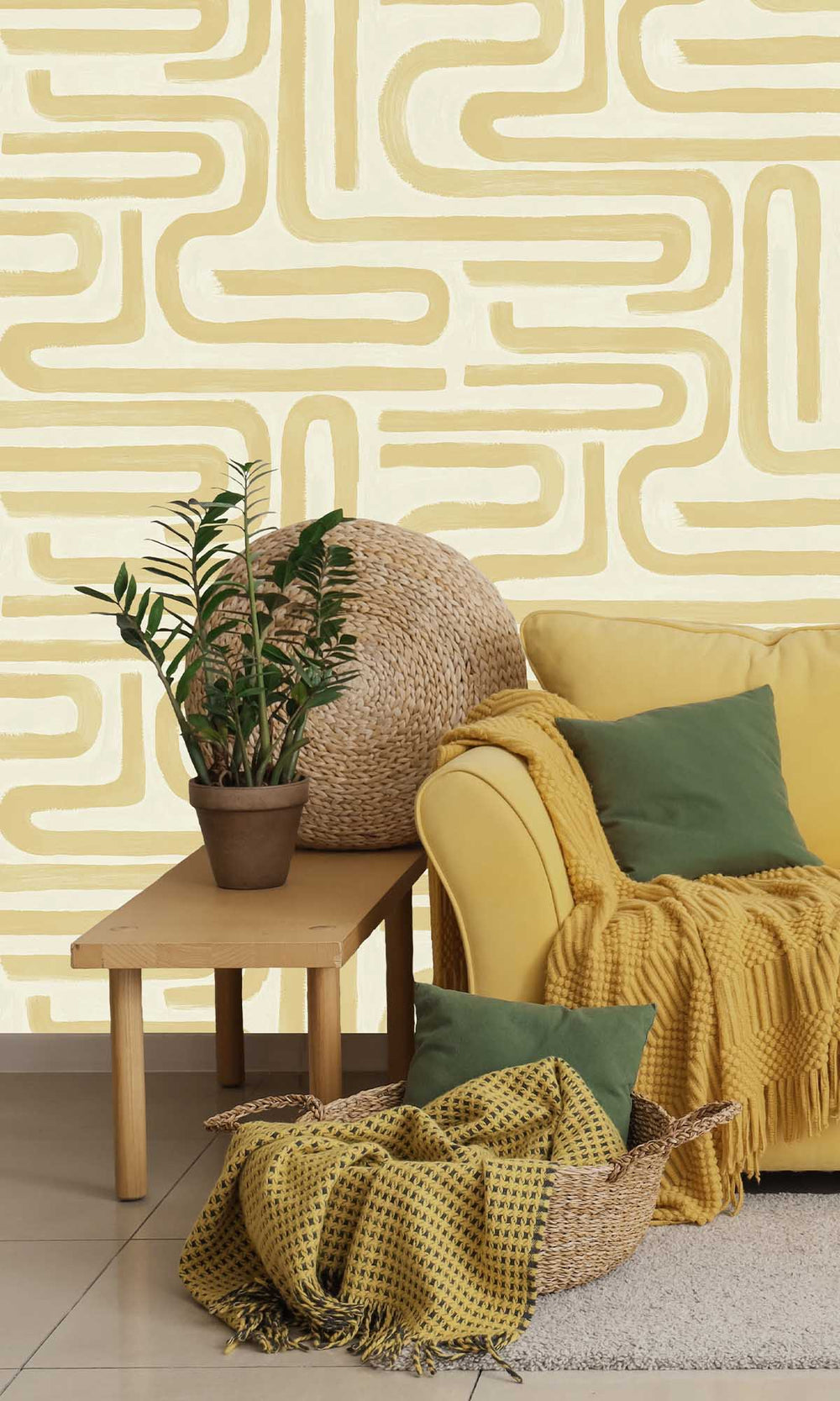 Ochre Painterly Geometric Maze Wallpaper R10083