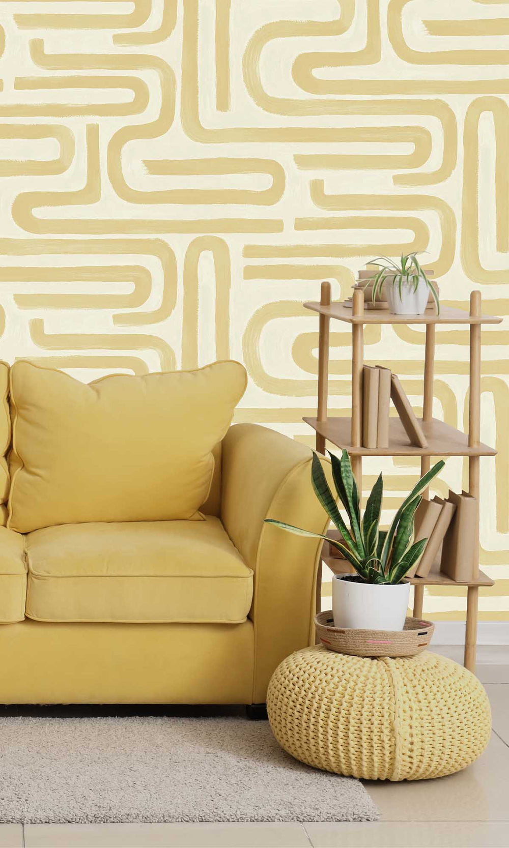 Ochre Painterly Geometric Maze Wallpaper R10083