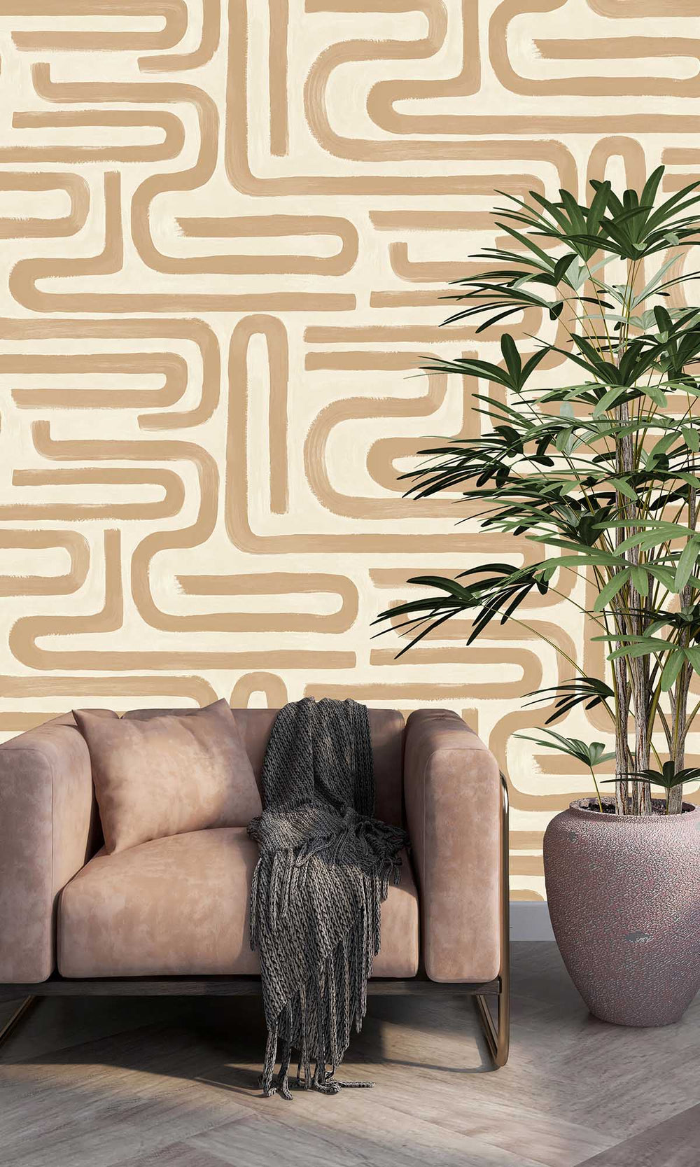 Orange Painterly Geometric Maze Wallpaper R10084