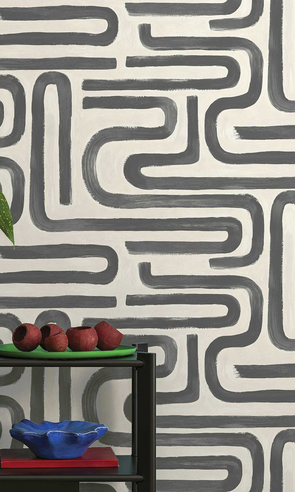 Charcoal Cream Painterly Geometric Maze Wallpaper R10085
