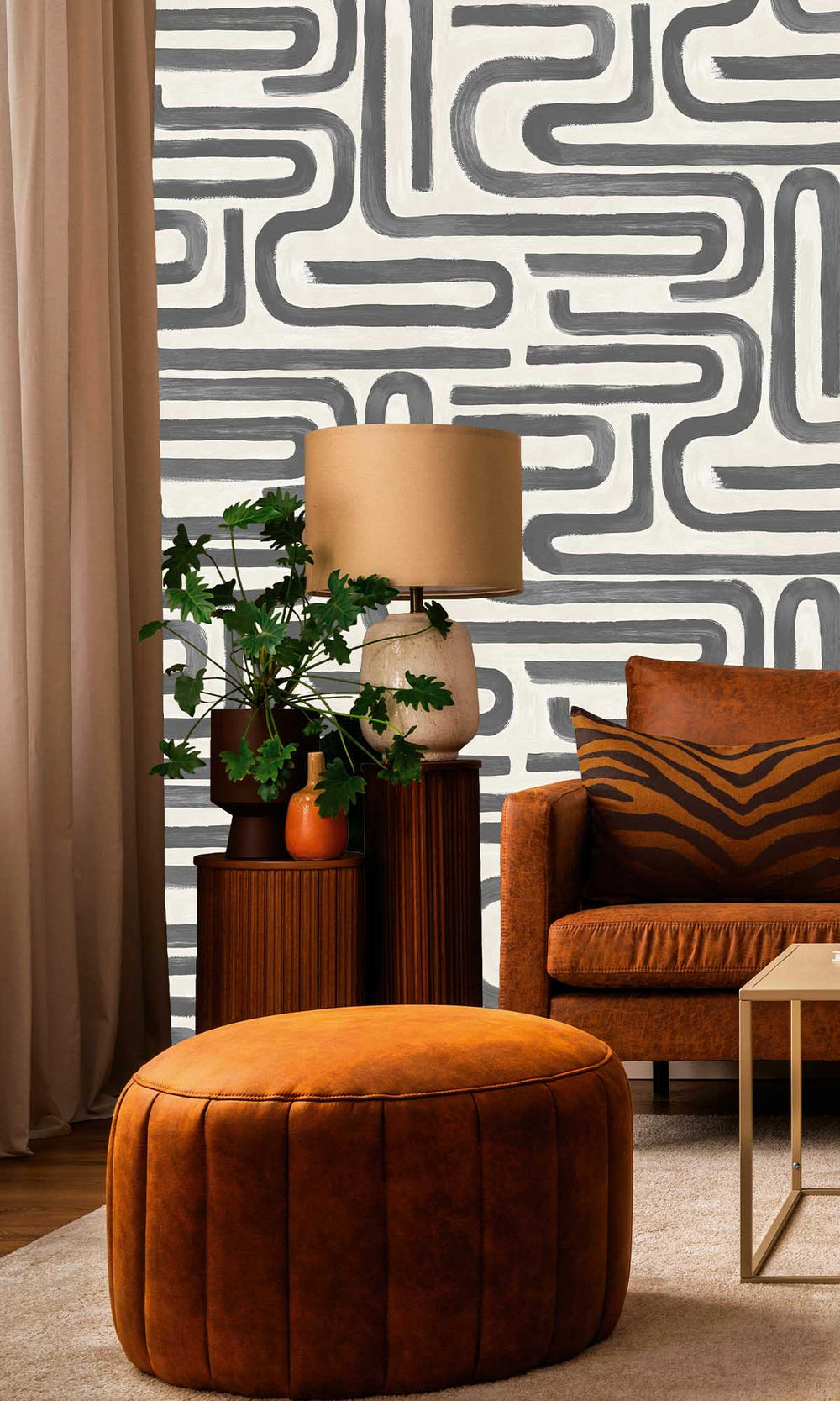 Charcoal Cream Painterly Geometric Maze Wallpaper R10085