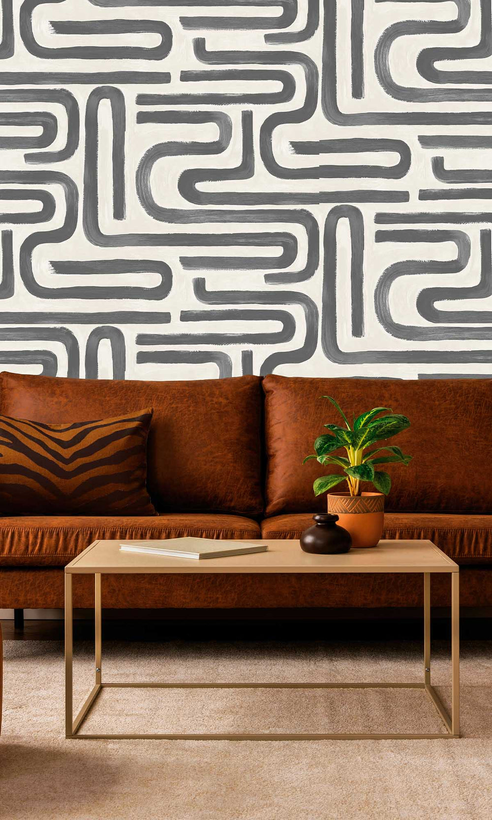 Charcoal Cream Painterly Geometric Maze Wallpaper R10085