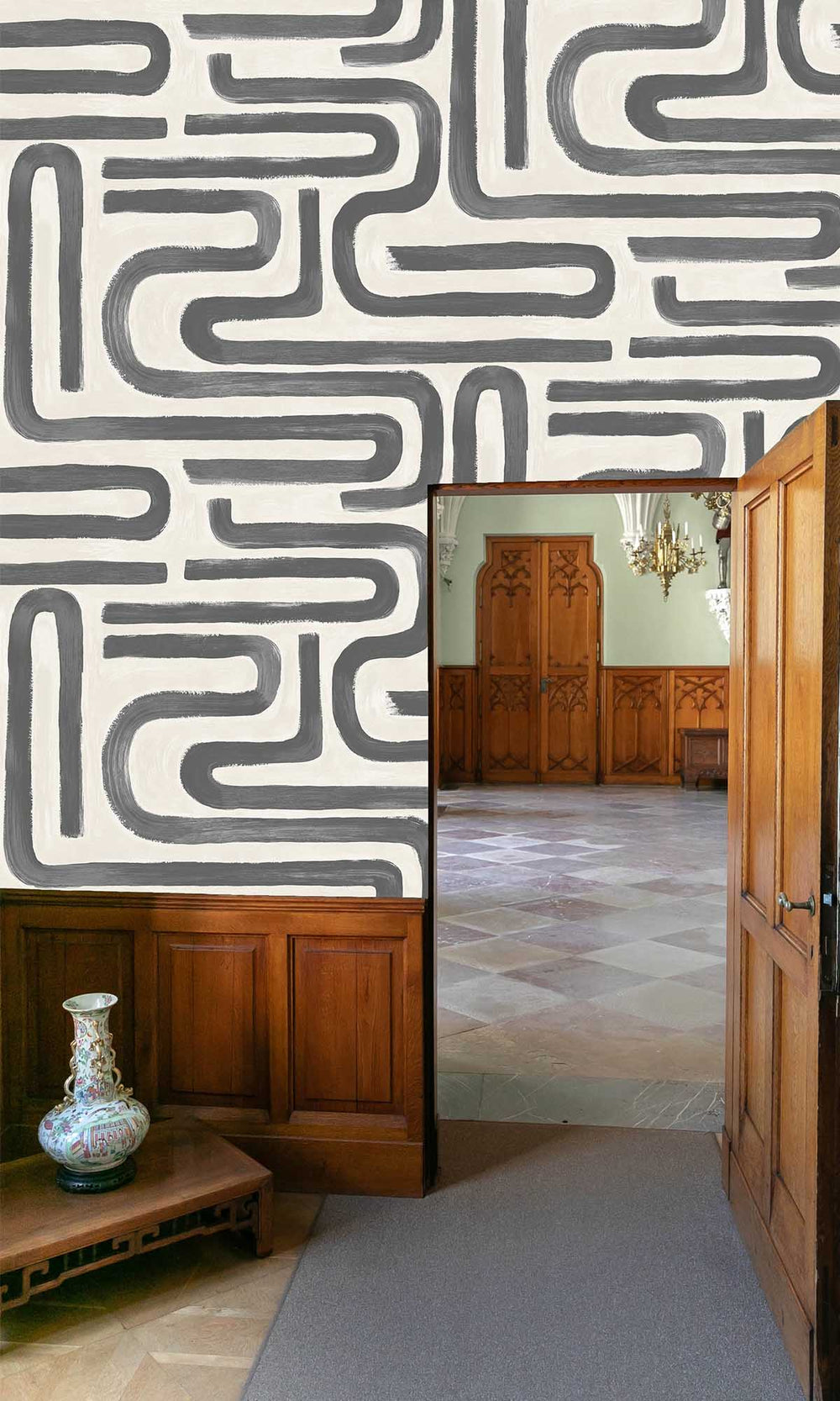 Charcoal Cream Painterly Geometric Maze Wallpaper R10085