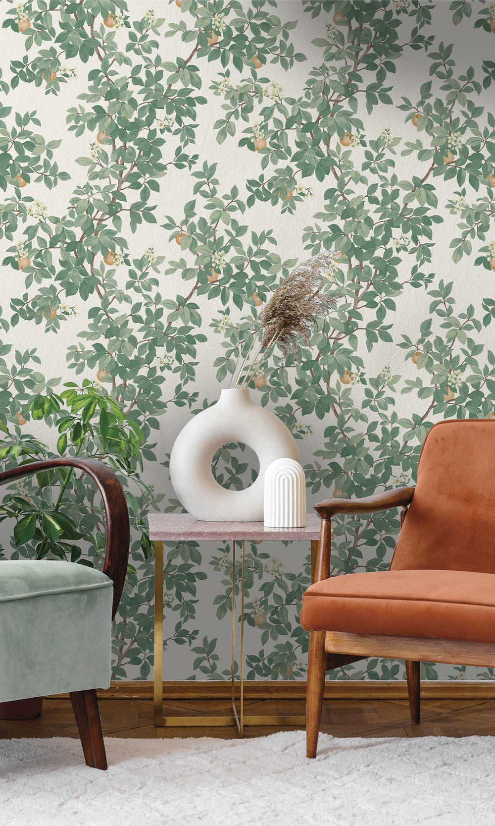 Cream Green Blooming Orange Tree Wallpaper R10086