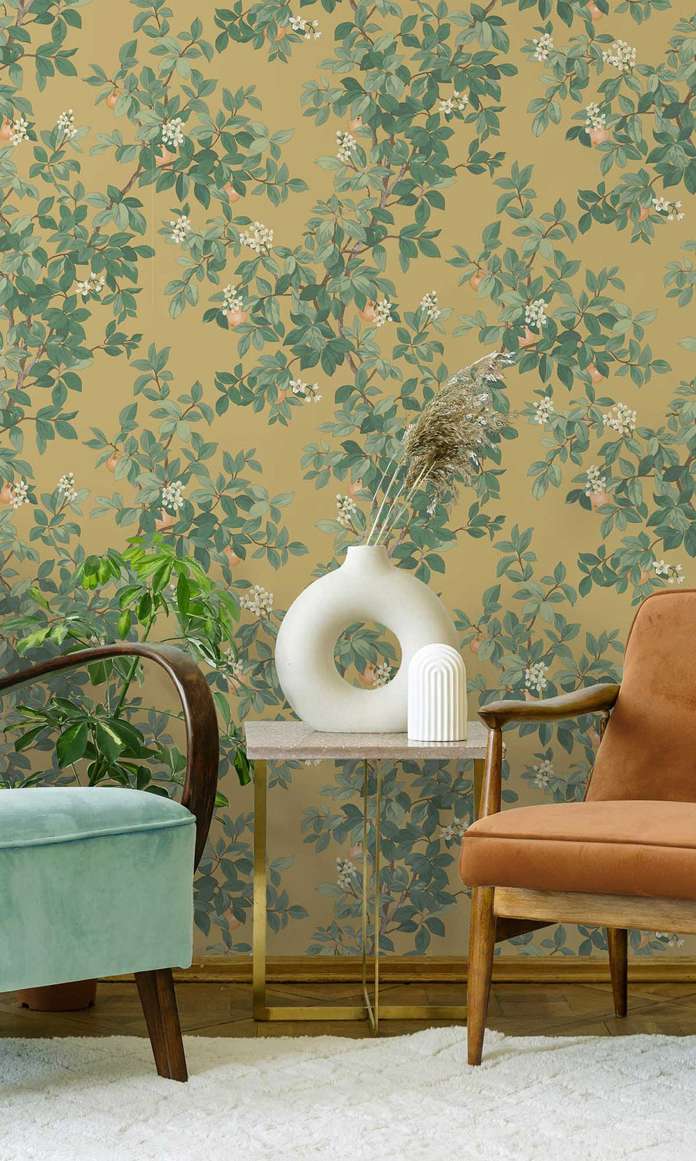 Ochre Blooming Orange Tree Wallpaper R10087
