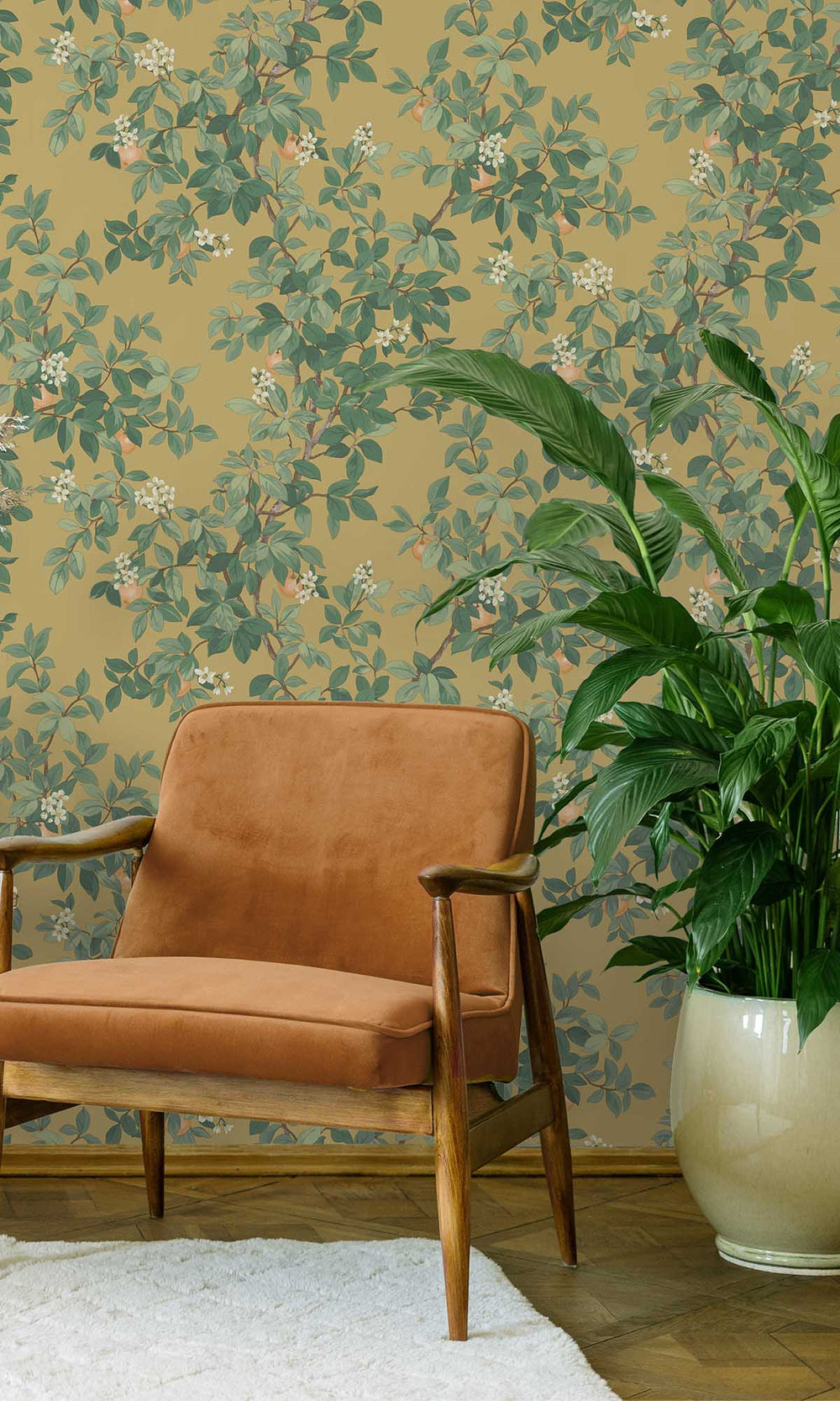 Ochre Blooming Orange Tree Wallpaper R10087