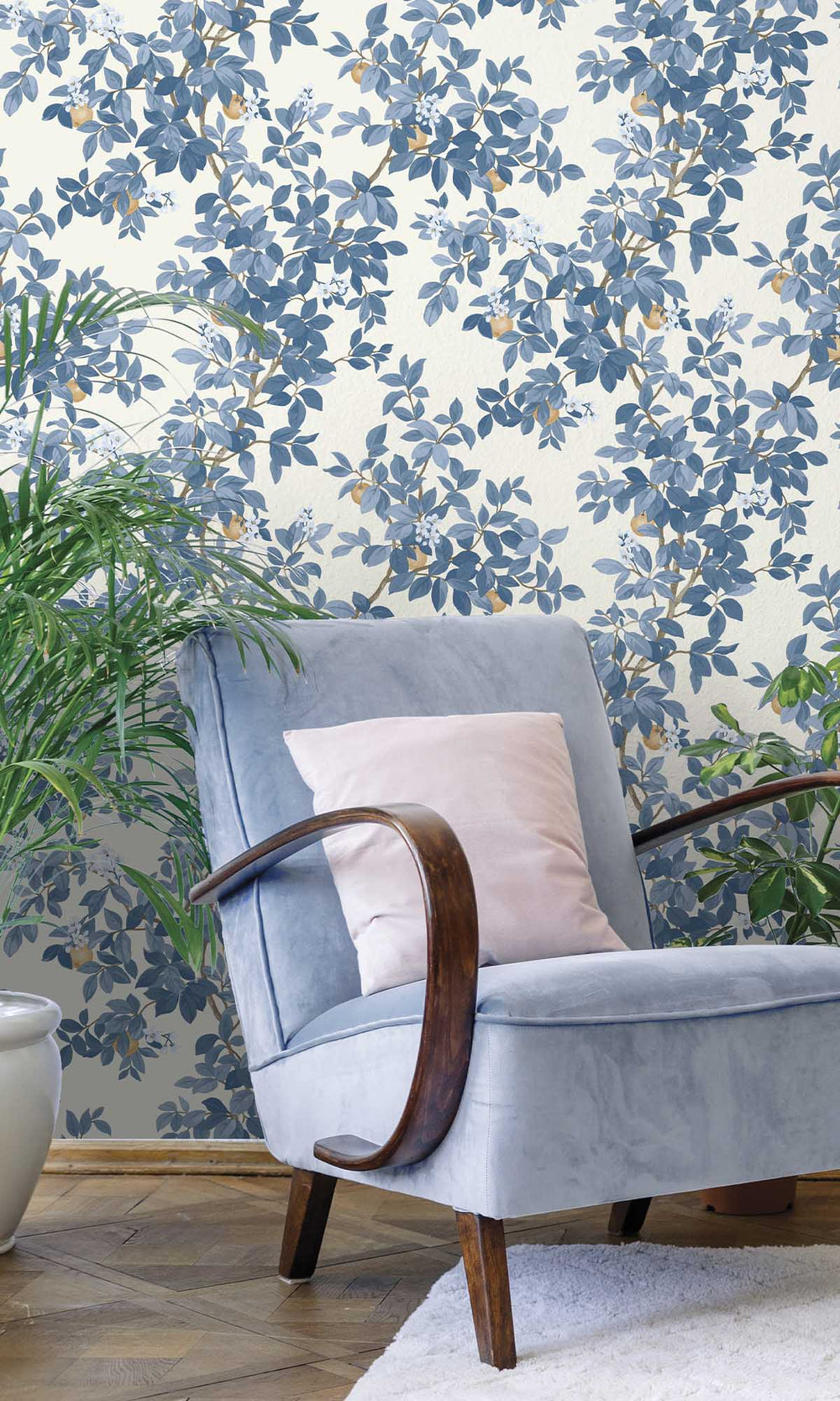 Blue White Blooming Orange Tree Wallpaper R10088