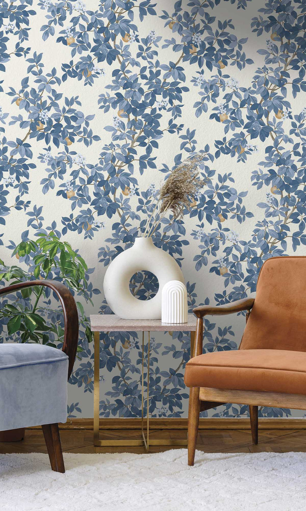 Blue White Blooming Orange Tree Wallpaper R10088