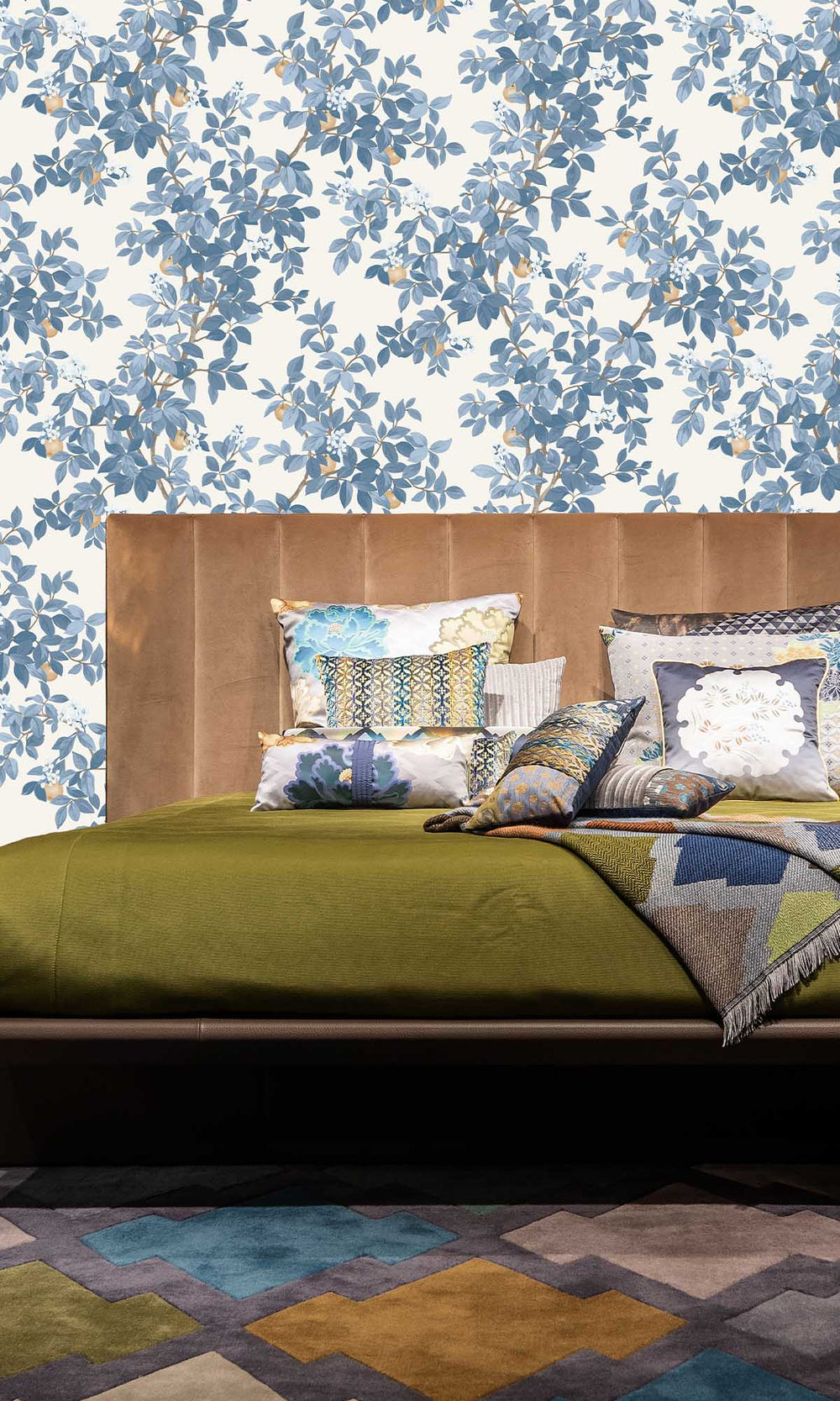 Blue White Blooming Orange Tree Wallpaper R10088
