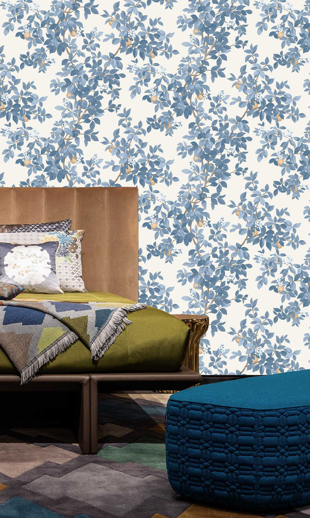 Blue White Blooming Orange Tree Wallpaper R10088