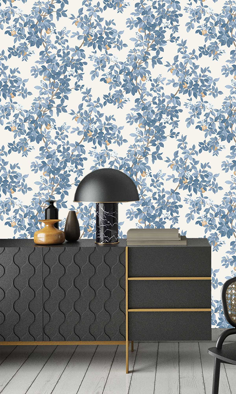 Blue White Blooming Orange Tree Wallpaper R10088