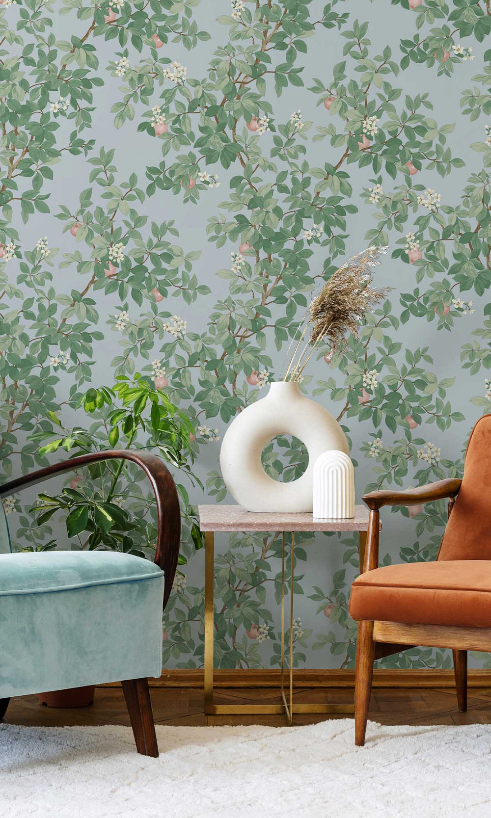 Sky Blue Blooming Orange Tree Wallpaper R10089