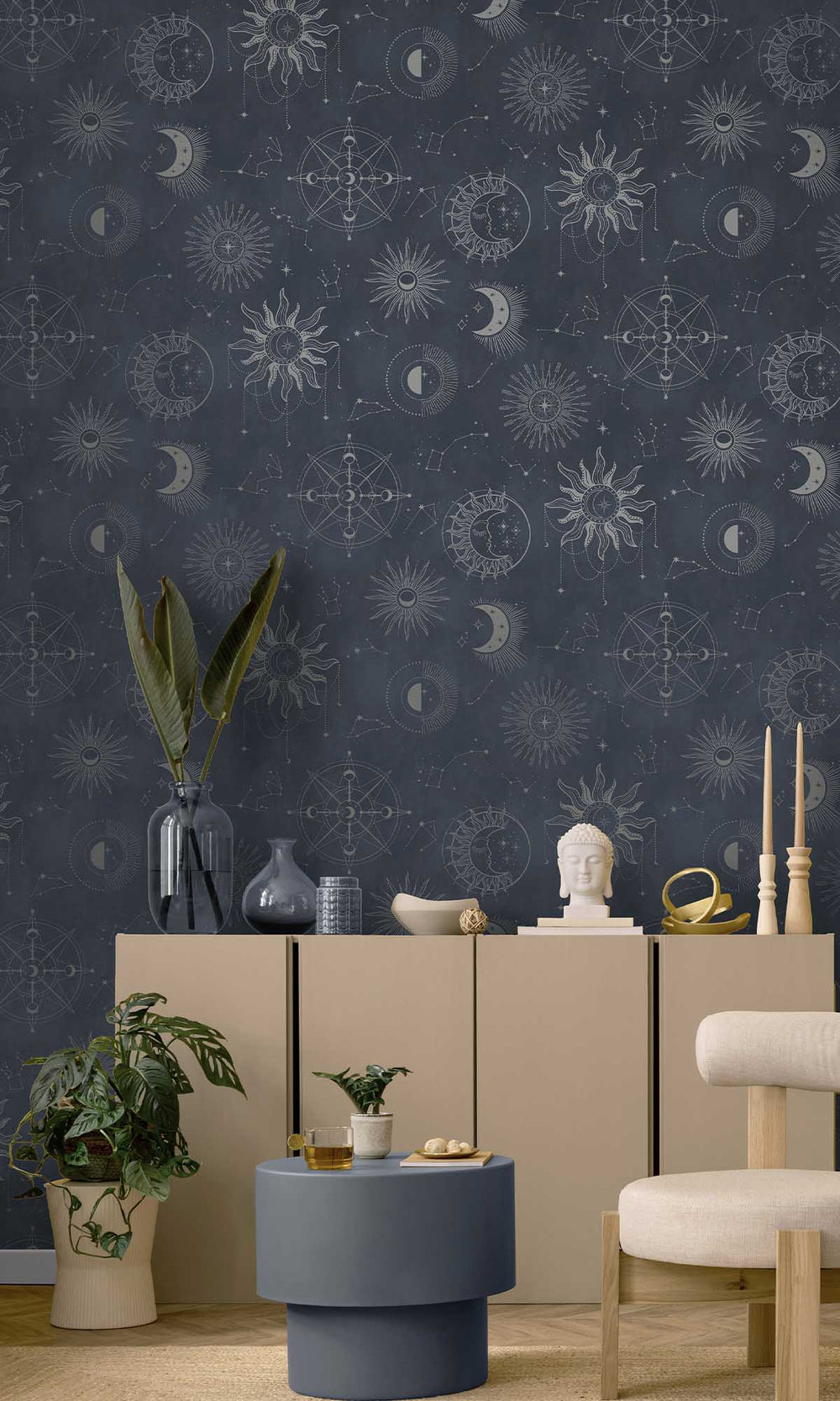 Navy Silver Ancient Celestial Skies Wallpaper R10091