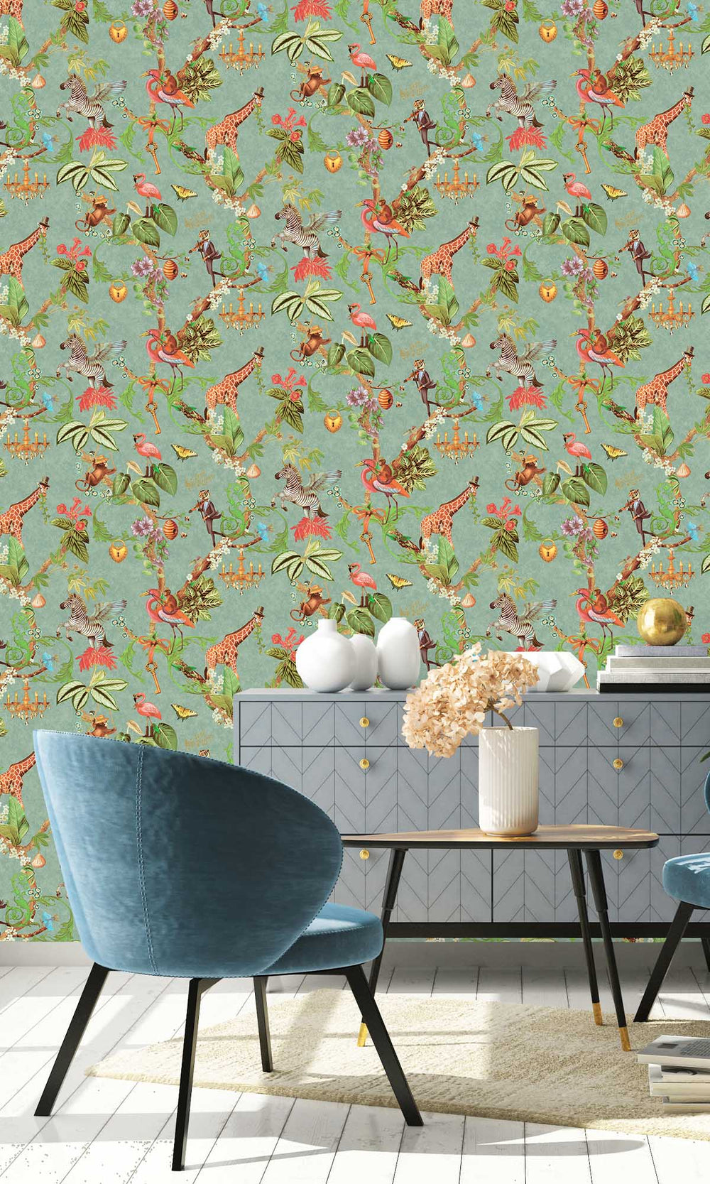 Soft Teal Magical Safari Wallpaper R10095