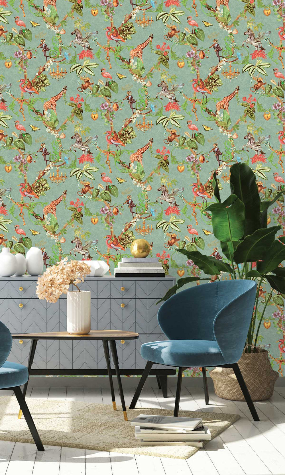 Soft Teal Magical Safari Wallpaper R10095