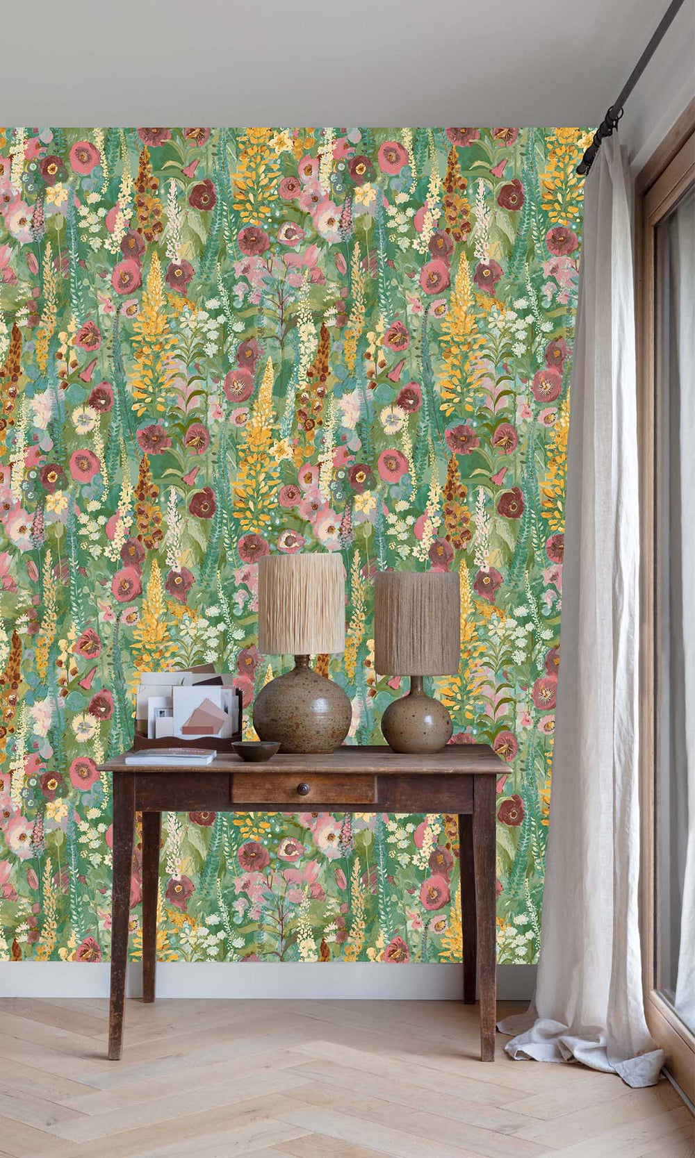 Multicolor - Green Watercolor Painted Floral Wallpaper R10101