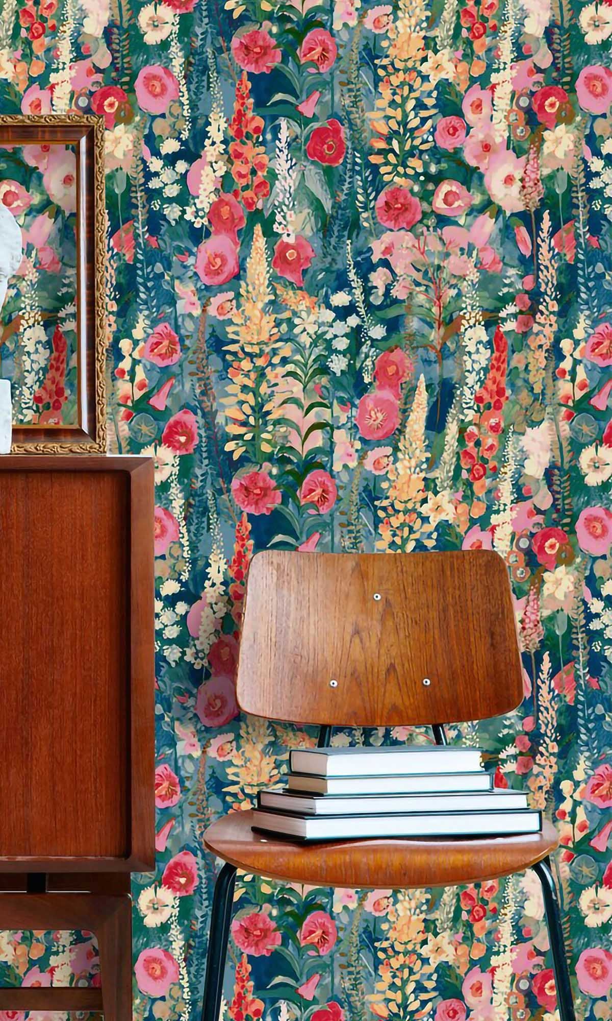 Multicolor - Blue Watercolor Painted Floral Wallpaper R10102