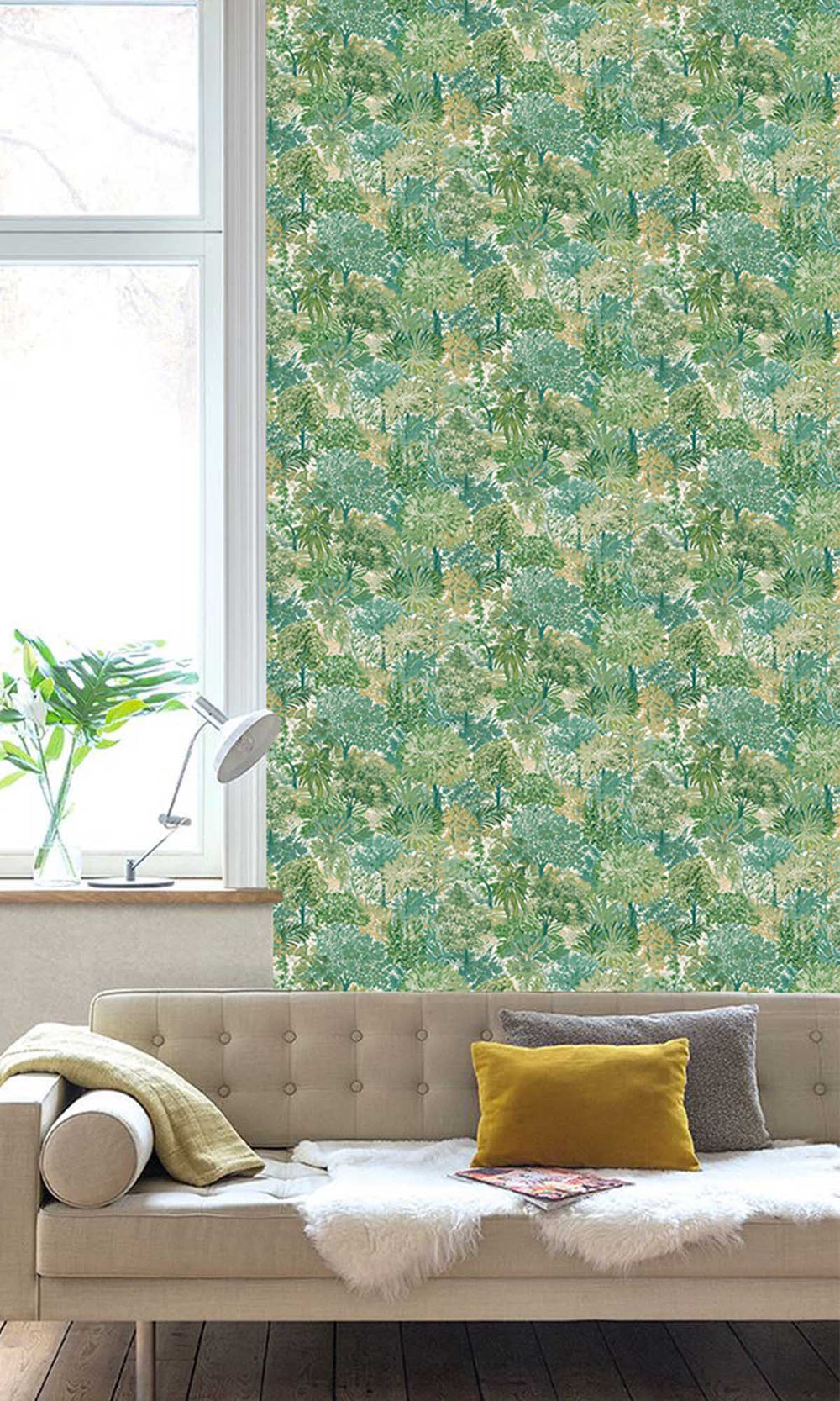 Multicoloured - Green Handpainted Tropical Forest Wallpaper R10105
