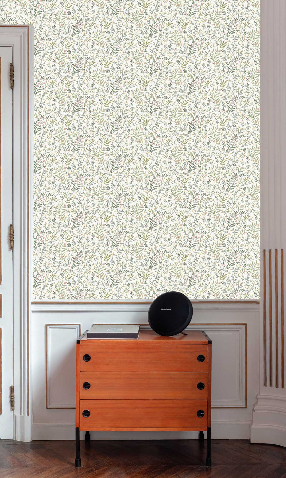 Multicoloured - Green Allover Leaves & Buds Wallpaper R10107