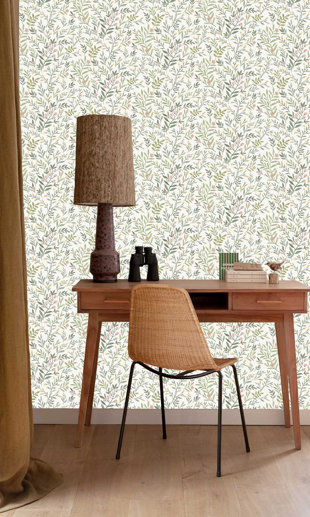 Multicoloured - Green Allover Leaves & Buds Wallpaper R10107