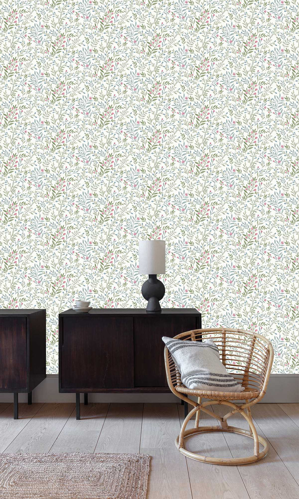 Multicoloured - Blue Allover Leaves & Buds Wallpaper R10109