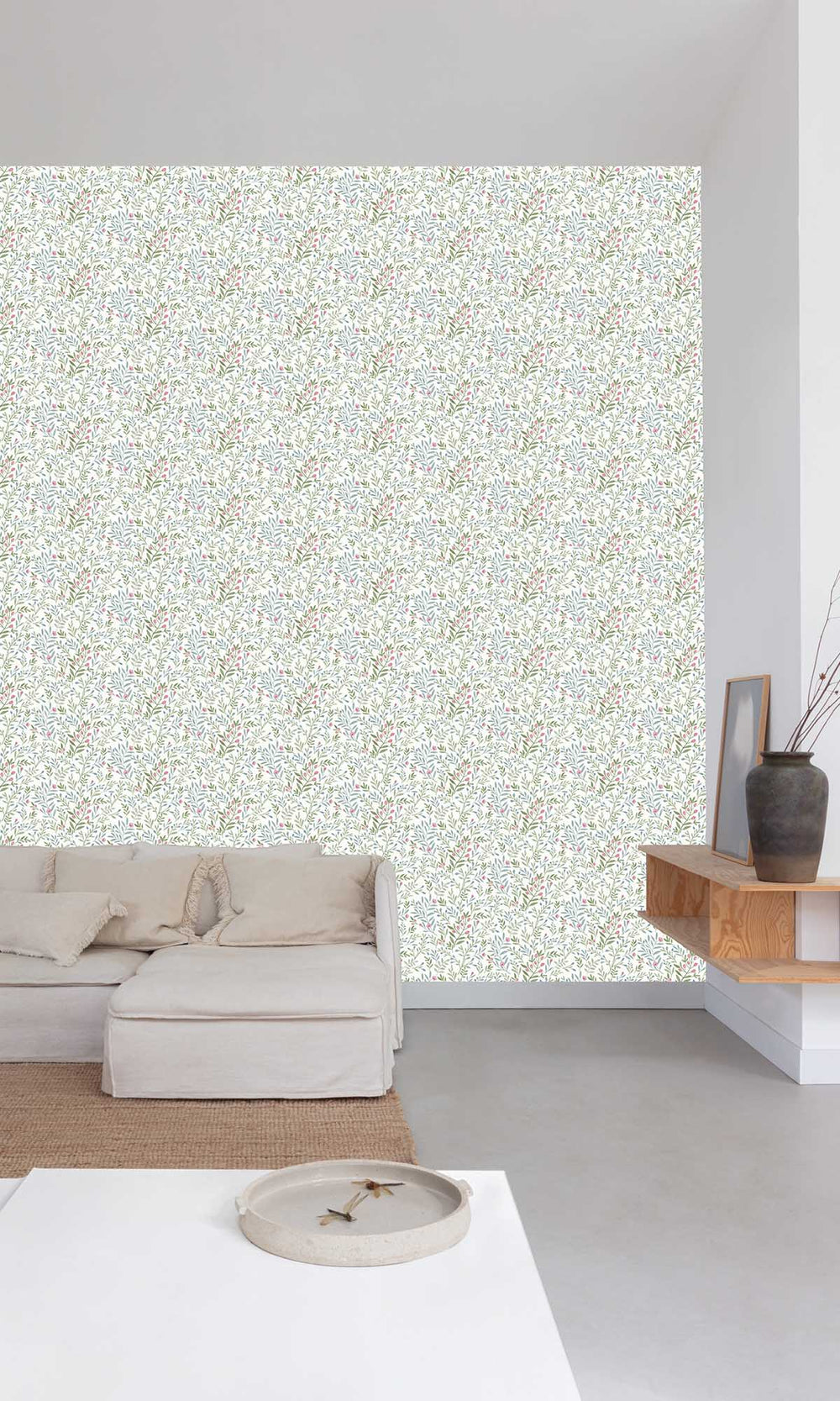 Multicoloured - Blue Allover Leaves & Buds Wallpaper R10109