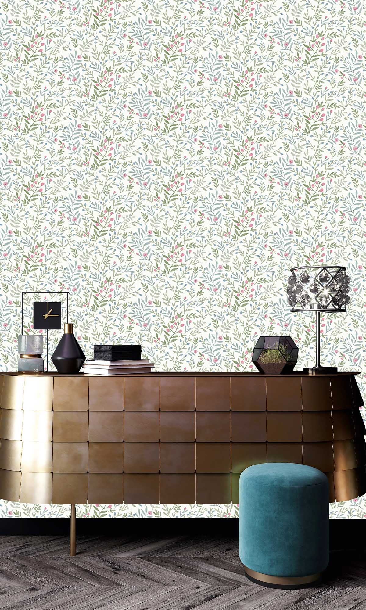 Multicoloured - Blue Allover Leaves & Buds Wallpaper R10109