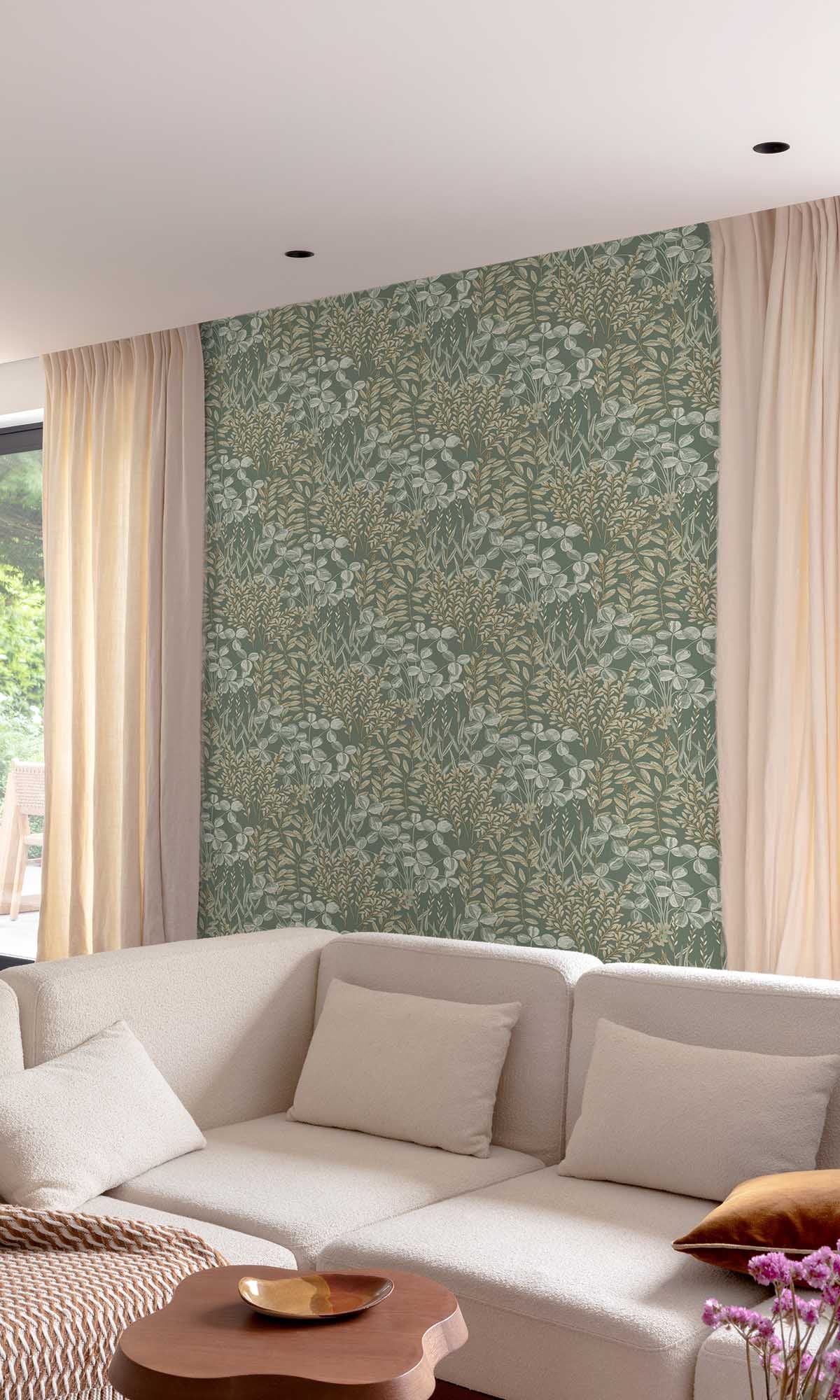 Bracken Green Stitched Leaf Print Wallpaper R10110