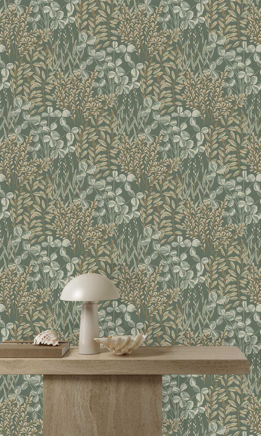 Bracken Green Stitched Leaf Print Wallpaper R10110