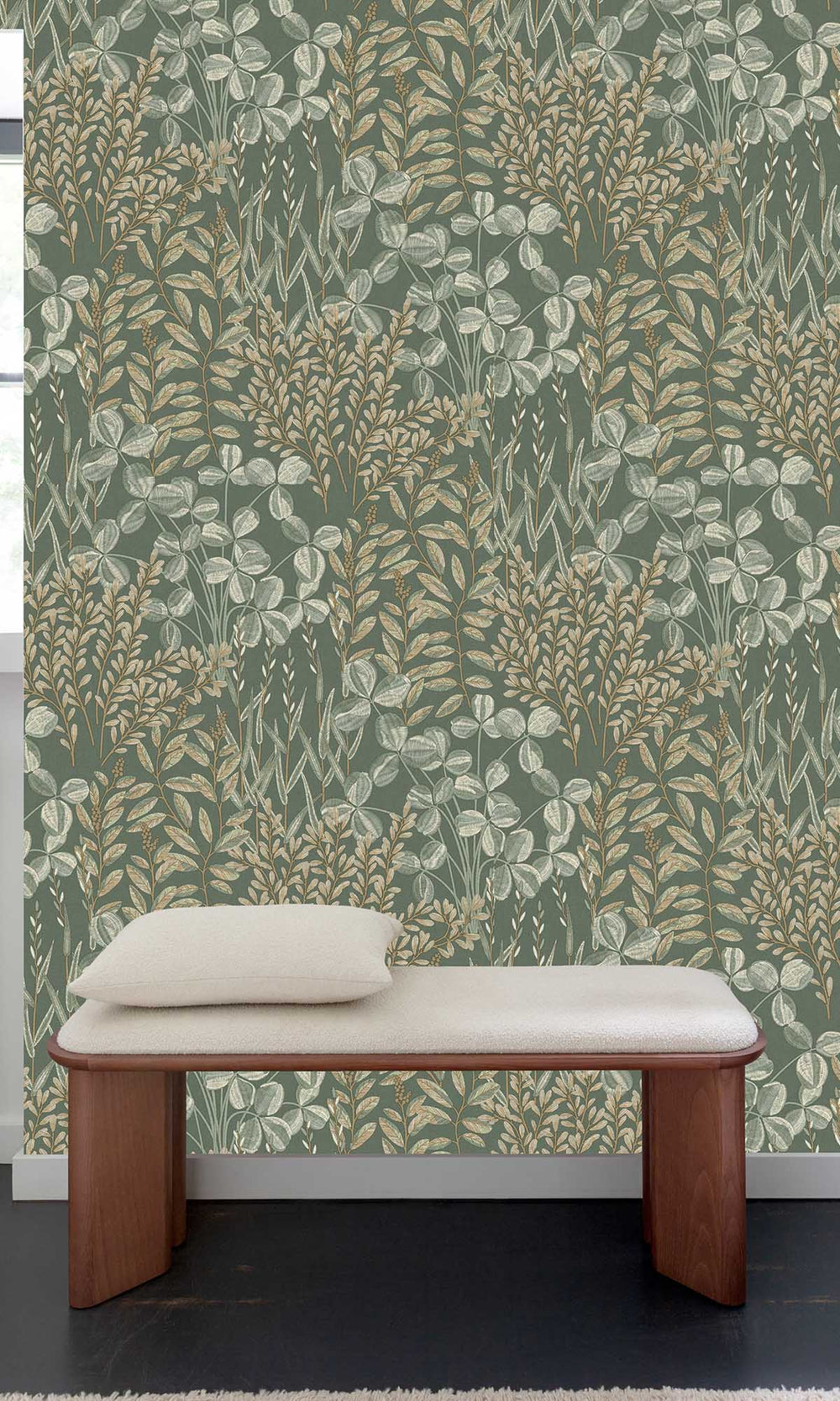 Bracken Green Stitched Leaf Print Wallpaper R10110