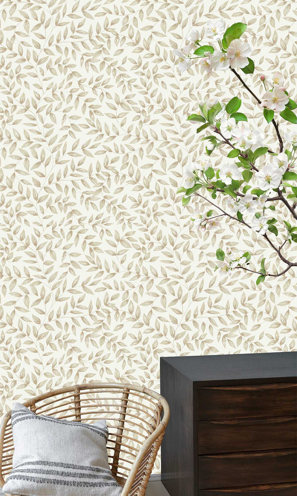 Khaki Taupe Allover Leaf Print Wallpaper R10113