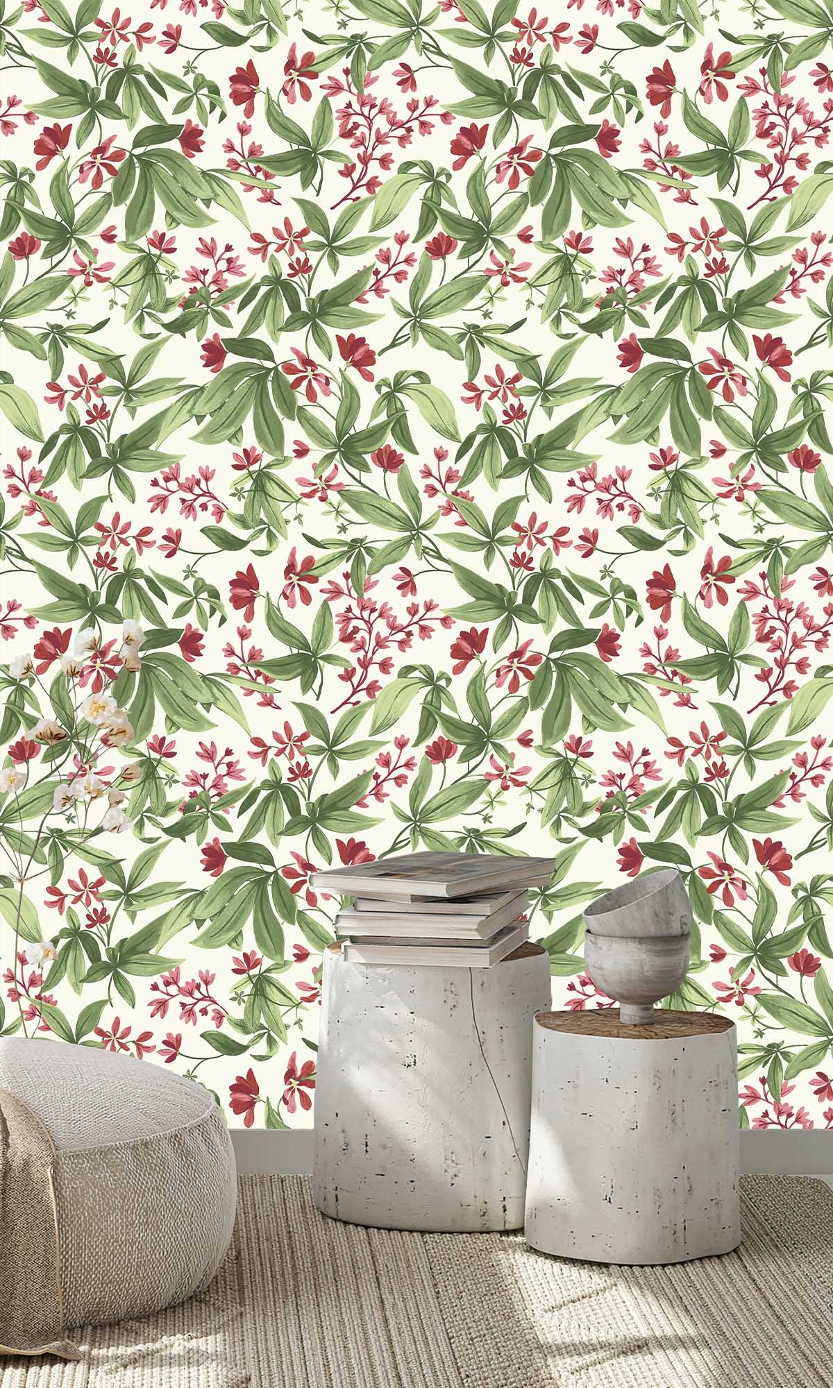 Royal Red Flush Handpainted Frangipani Wallpaper R10117