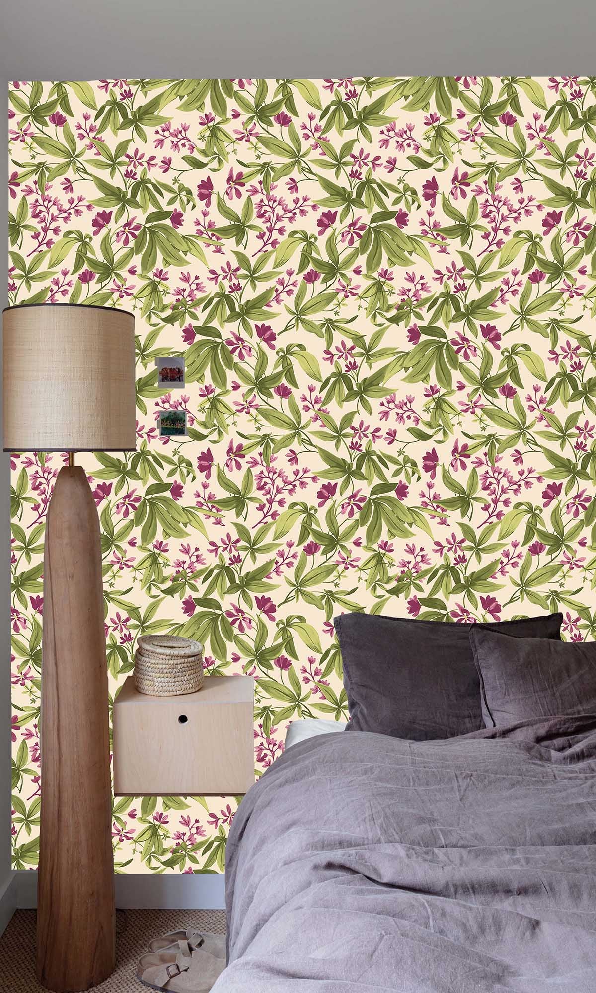 China Rose Fuschia Handpainted Frangipani Wallpaper R10118