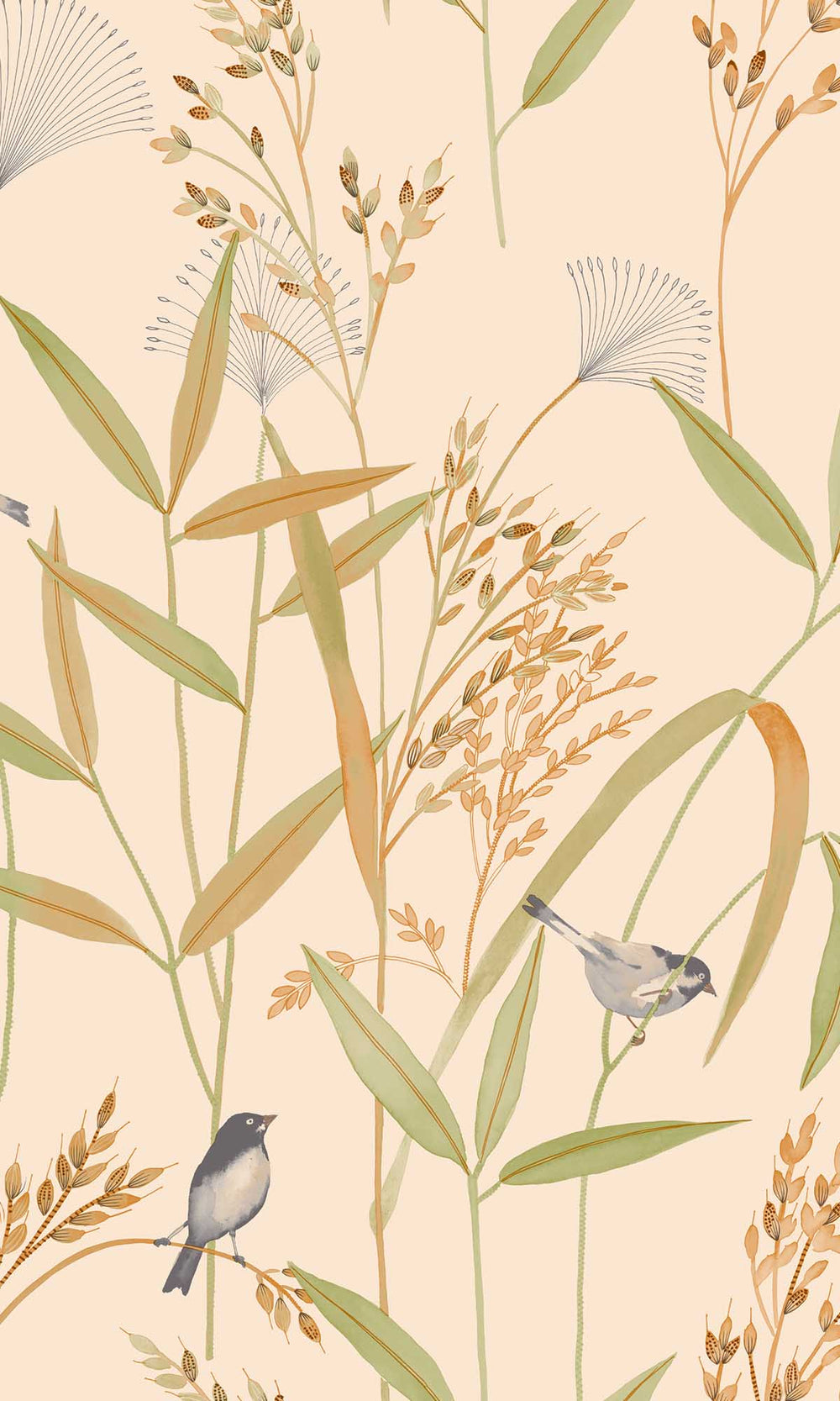 Beige - Green Tropical Birds & Wheat Stalks Wallpaper R10124