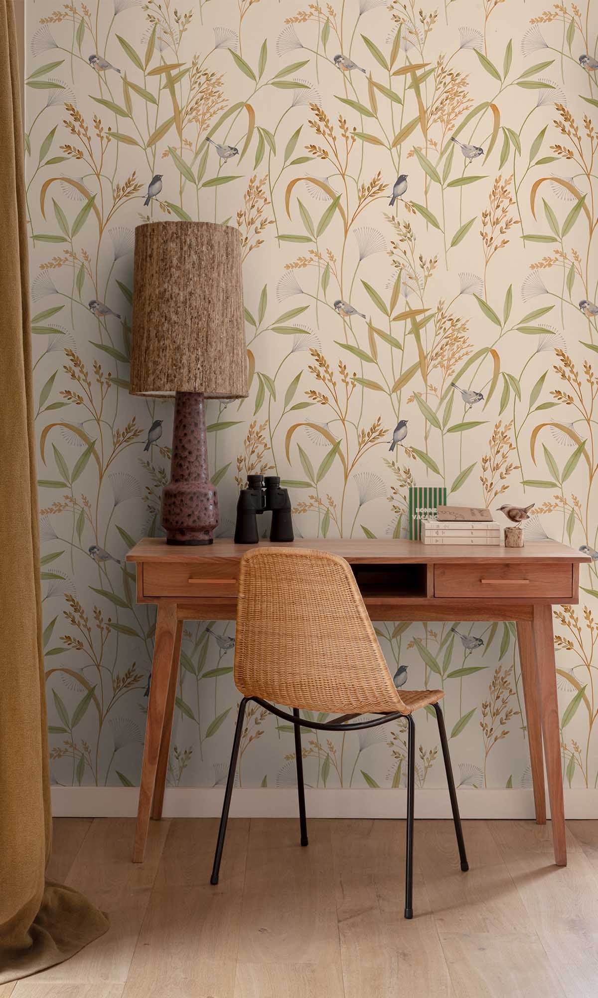 Beige - Green Tropical Birds & Wheat Stalks Wallpaper R10124