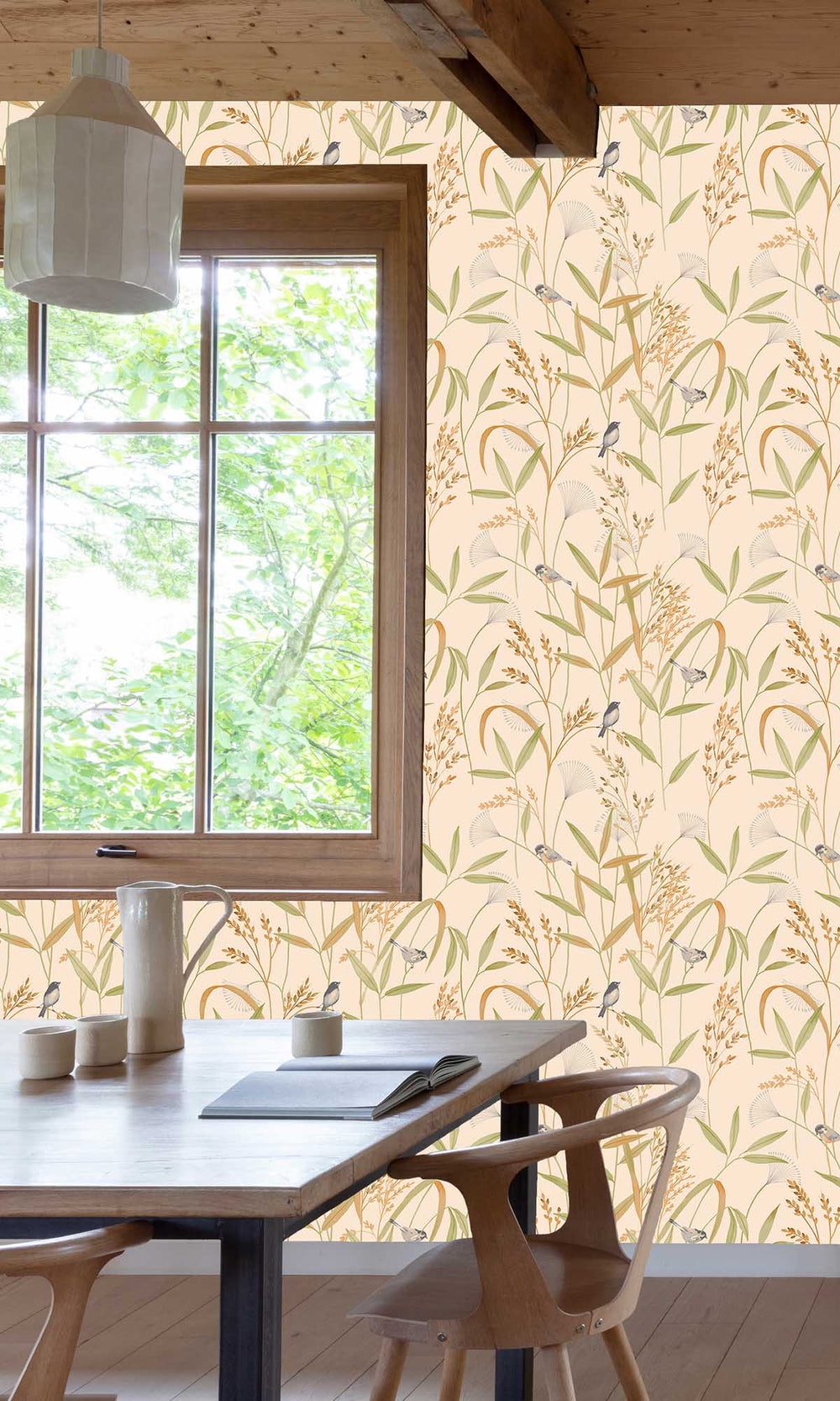 Beige - Green Tropical Birds & Wheat Stalks Wallpaper R10124