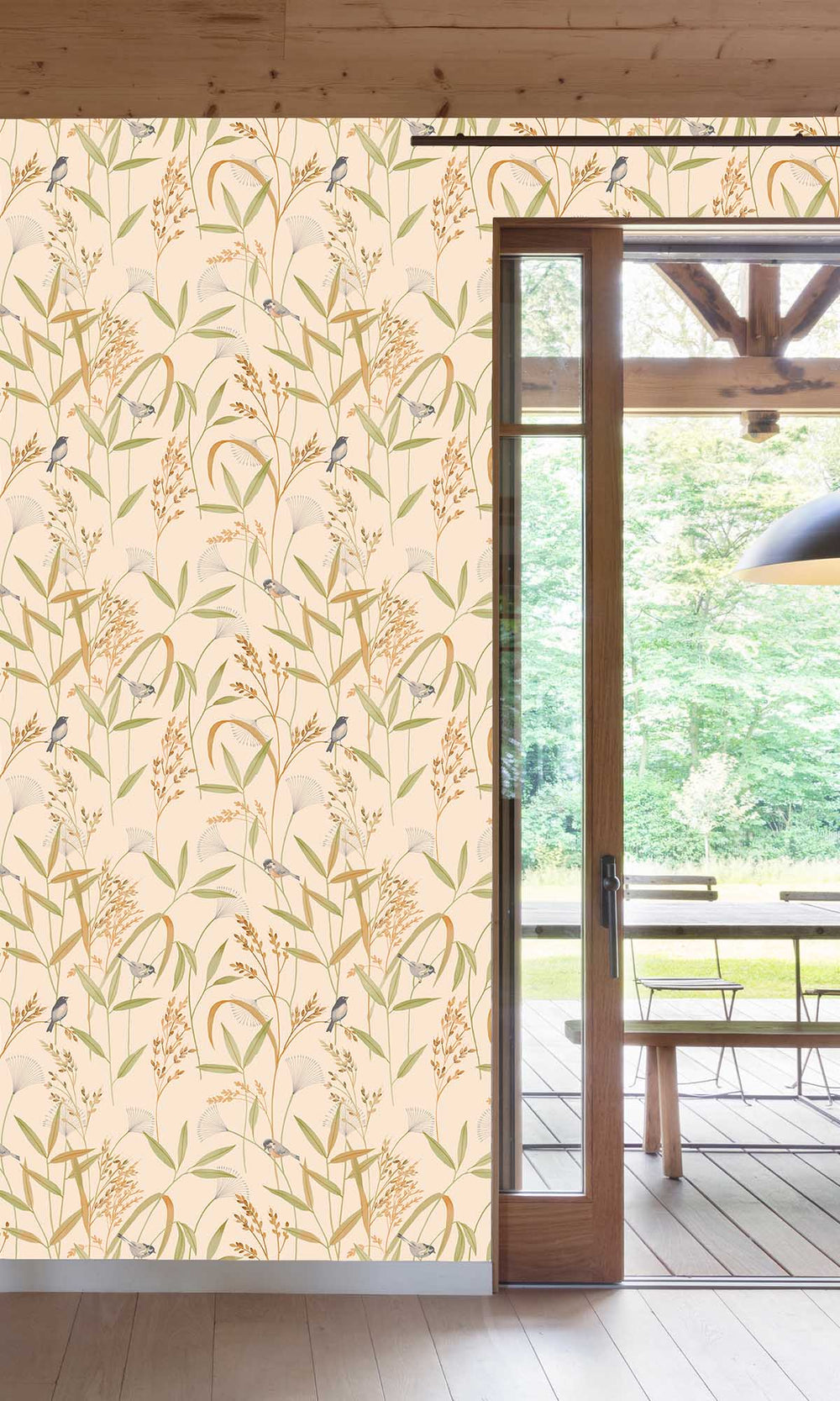 Beige - Green Tropical Birds & Wheat Stalks Wallpaper R10124