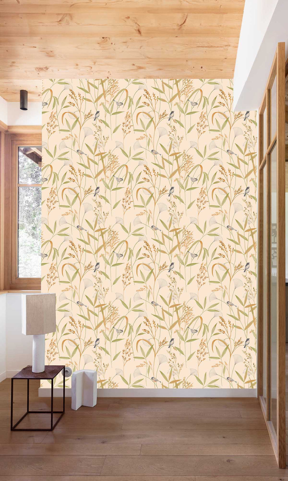 Beige - Green Tropical Birds & Wheat Stalks Wallpaper R10124