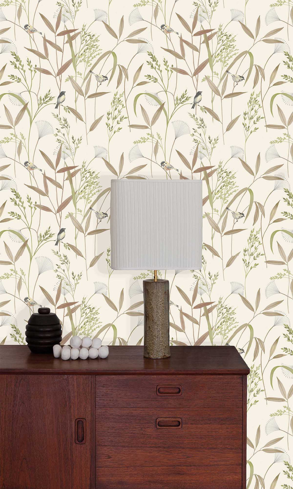 Beige - Brown Tropical Birds & Wheat Stalks Wallpaper R10125