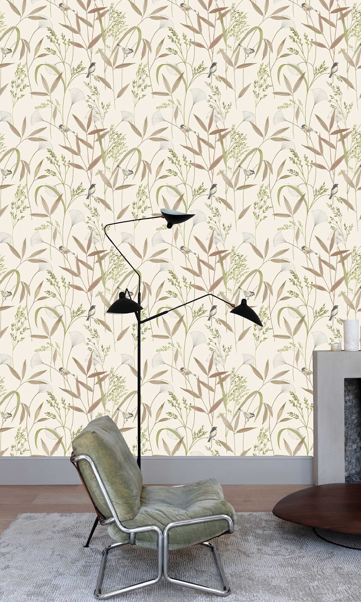 Beige - Brown Tropical Birds & Wheat Stalks Wallpaper R10125