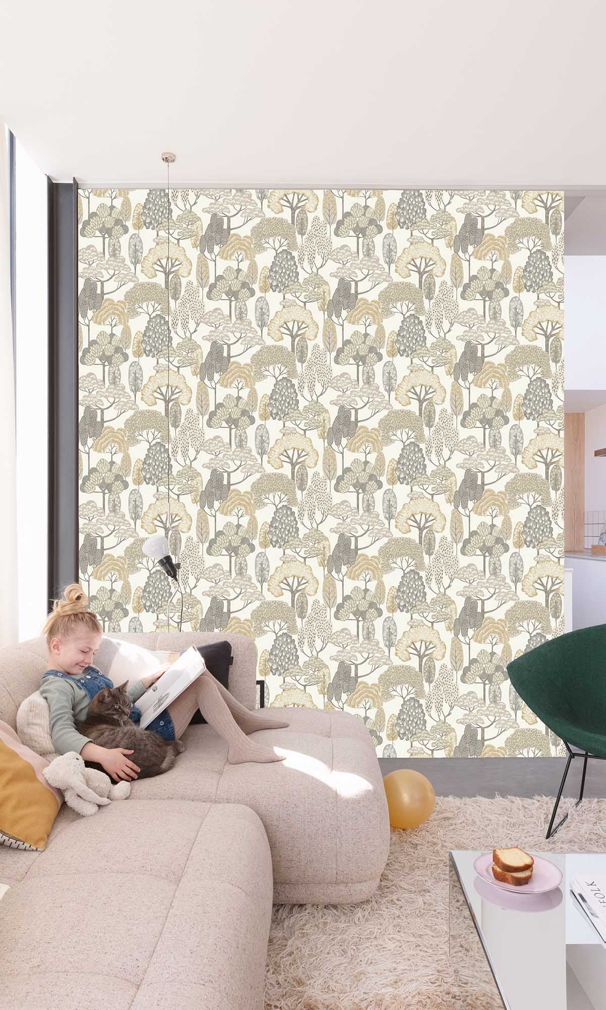 Soybean Beige Stylized Trees Wallpaper R10223