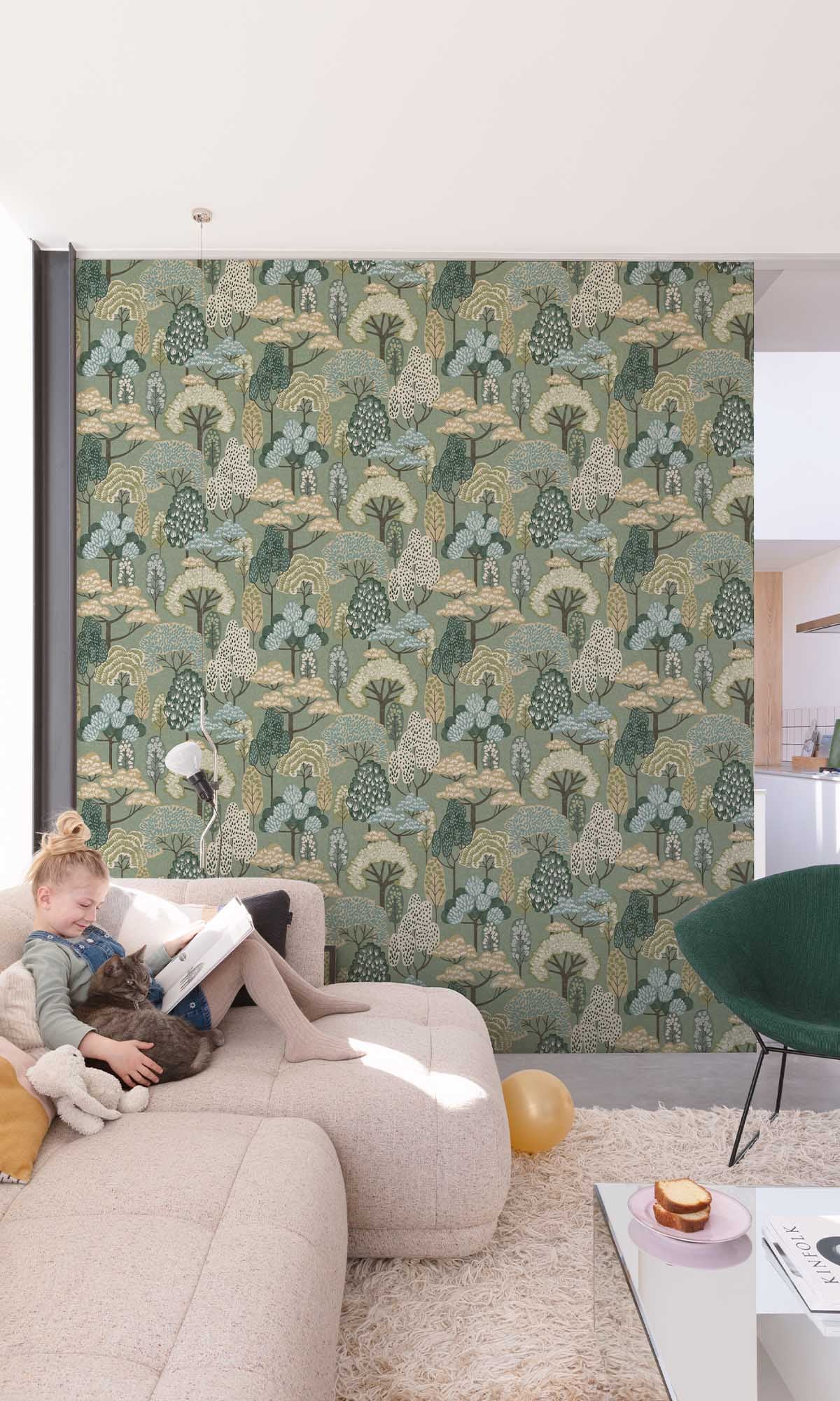 Veranda Green Stylized Trees Wallpaper R10225