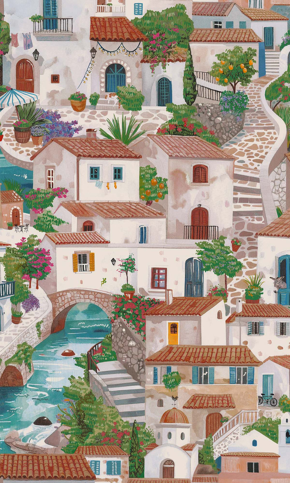 Multi Painted Mediterranean Village Wallpaper R10249